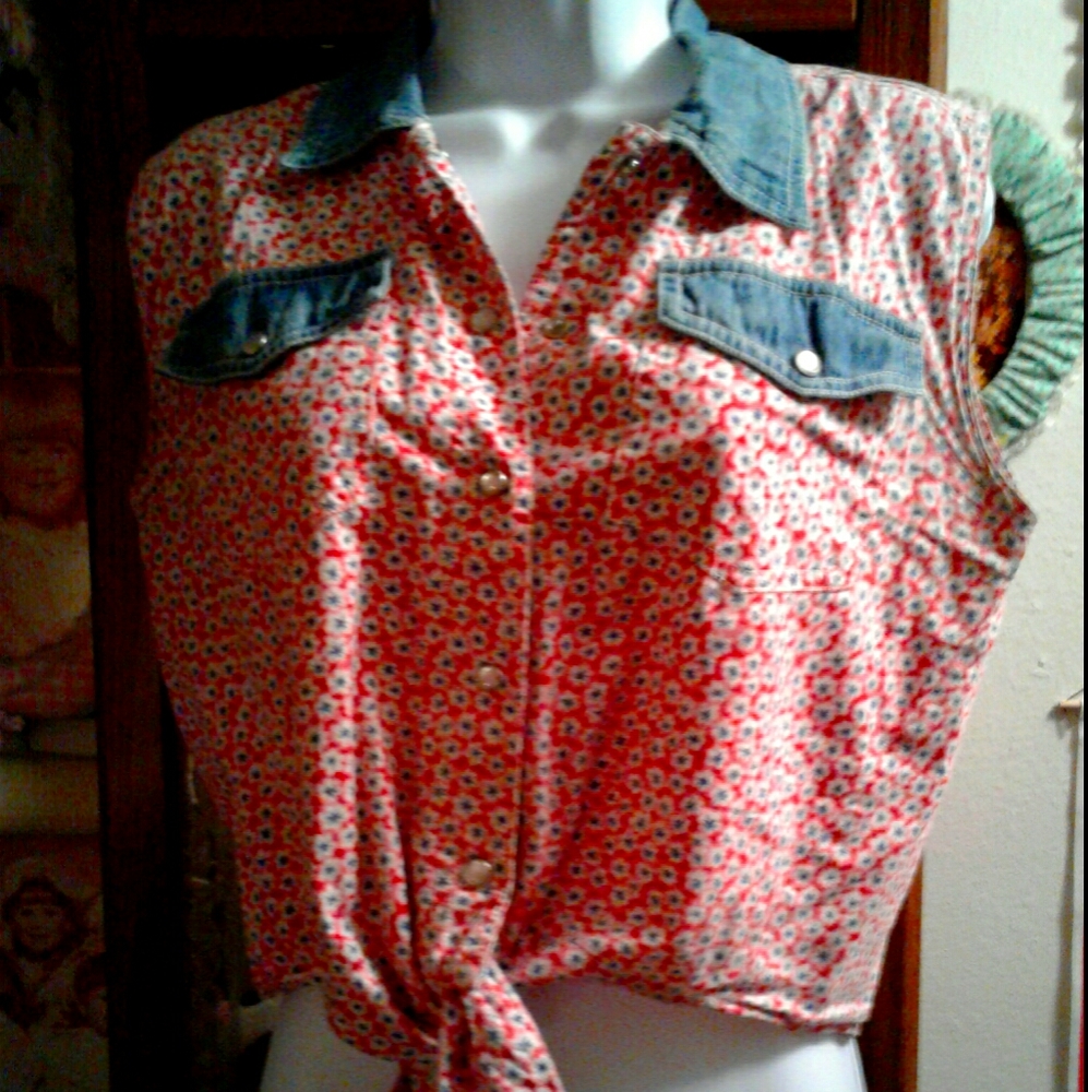 Cute,Vintage 90's,Western Style/Cowgirl,Crop Top with Tie Front & Denim Detail❤️